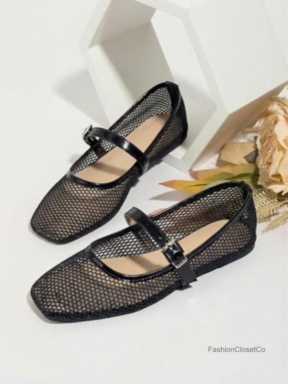Mesh Ballet Flats Square Closed Toe Maryjane Flat Shoes - Picture 2 of 6
